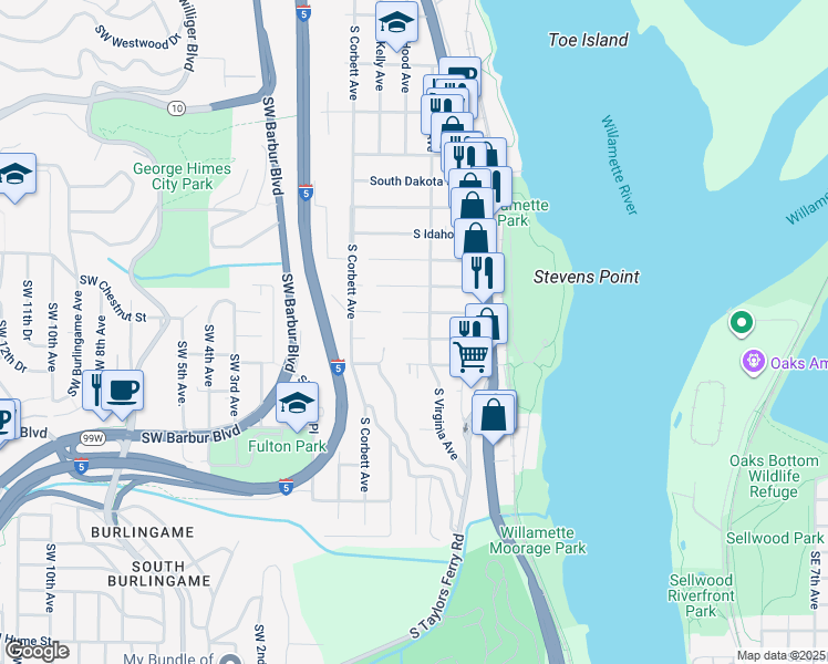 map of restaurants, bars, coffee shops, grocery stores, and more near 419 Southwest Texas Street in Portland