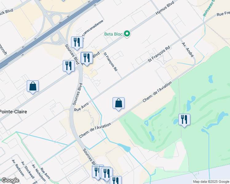 map of restaurants, bars, coffee shops, grocery stores, and more near 123 Rue Avro in Dorval