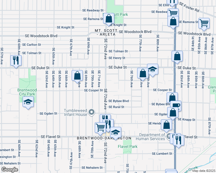 map of restaurants, bars, coffee shops, grocery stores, and more near 6716 Southeast 72nd Avenue in Portland