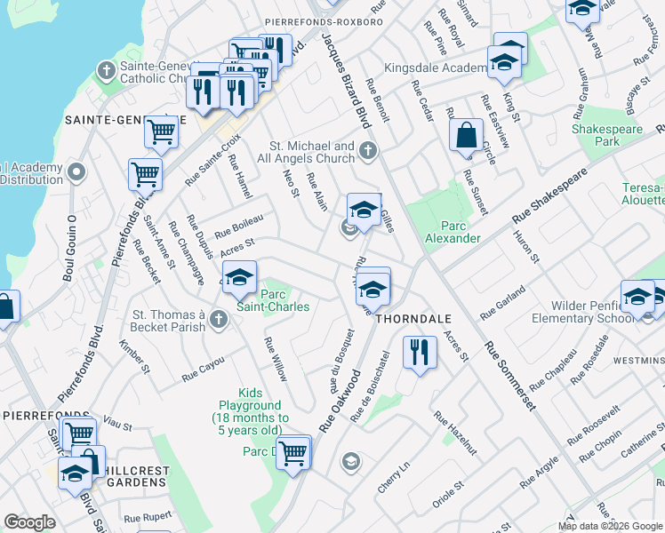 map of restaurants, bars, coffee shops, grocery stores, and more near 15645 Rue du Bosquet in Montréal