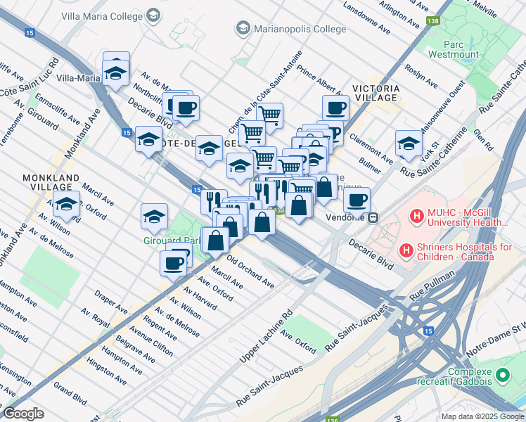 map of restaurants, bars, coffee shops, grocery stores, and more near 3404 Avenue Prud'homme in Montréal