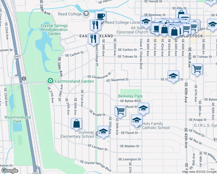 map of restaurants, bars, coffee shops, grocery stores, and more near 6806 Southeast 34th Avenue in Portland