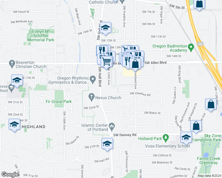 map of restaurants, bars, coffee shops, grocery stores, and more near 6120 Southwest 124th Avenue in Beaverton