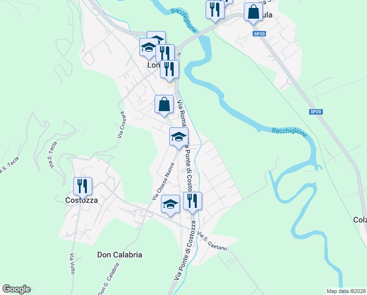 map of restaurants, bars, coffee shops, grocery stores, and more near 75 Via Ponte di Costozza in Longare