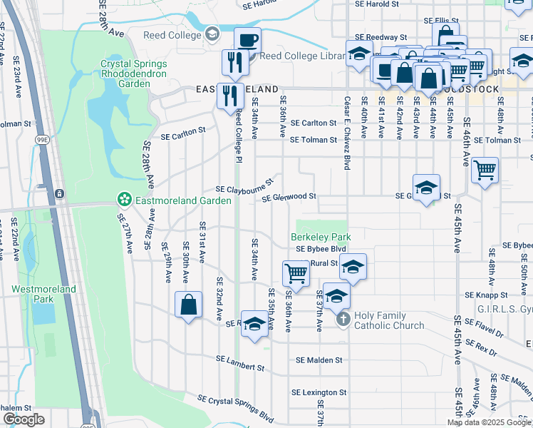 map of restaurants, bars, coffee shops, grocery stores, and more near 6806 Southeast 34th Avenue in Portland