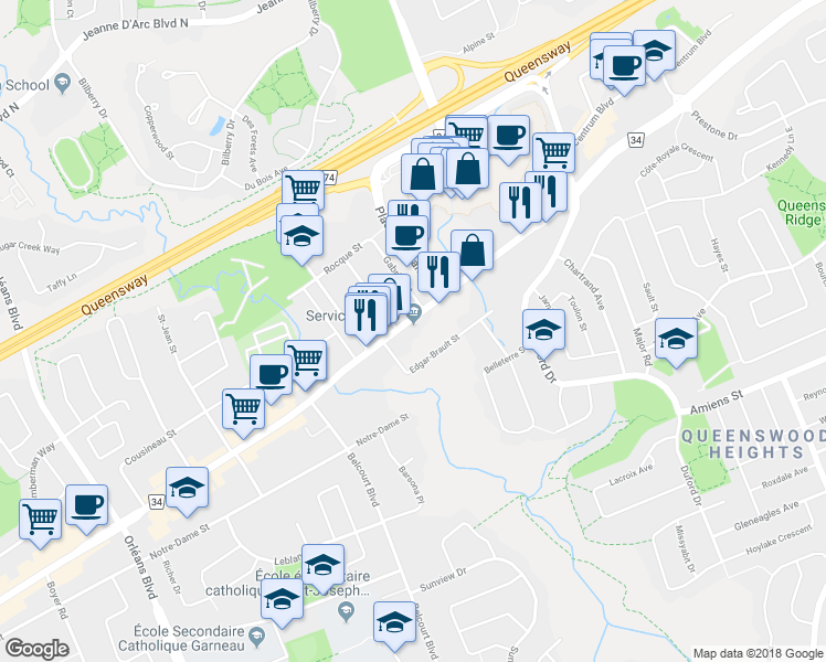 map of restaurants, bars, coffee shops, grocery stores, and more near 2864 Saint Joseph Boulevard in Ottawa