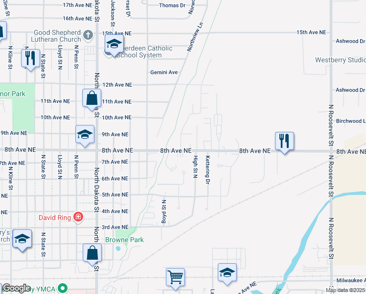 map of restaurants, bars, coffee shops, grocery stores, and more near 813 N High St in Aberdeen