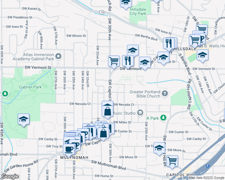 map of restaurants, bars, coffee shops, grocery stores, and more near 6930 Southwest Capitol Highway in Portland