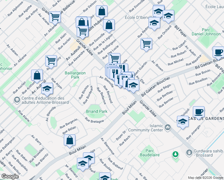 map of restaurants, bars, coffee shops, grocery stores, and more near 5615 Avenue Bienville in Brossard