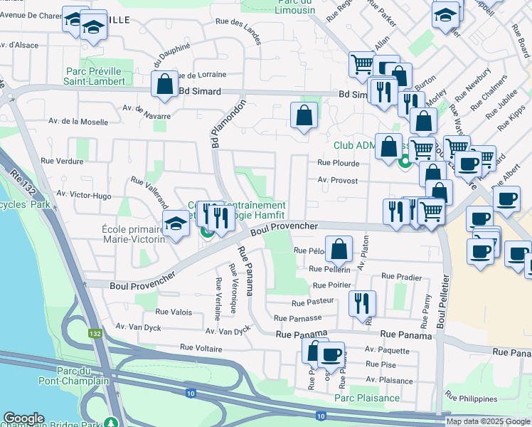 map of restaurants, bars, coffee shops, grocery stores, and more near 975 Rue Pellan in Brossard