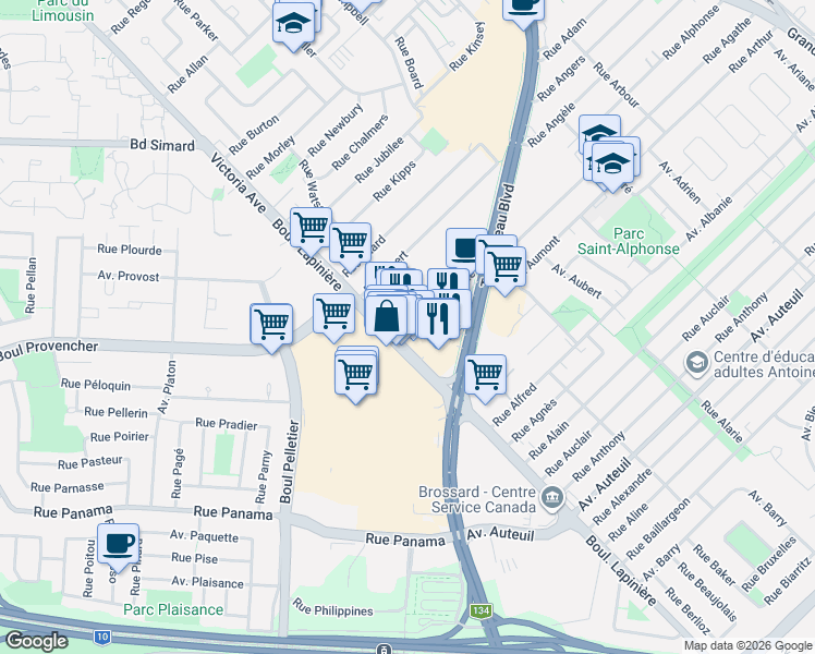 map of restaurants, bars, coffee shops, grocery stores, and more near 2220 Boulevard Lapinière in Brossard