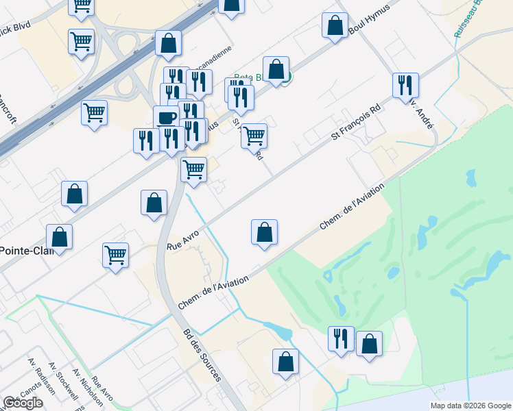 map of restaurants, bars, coffee shops, grocery stores, and more near 123 Rue Avro in Dorval