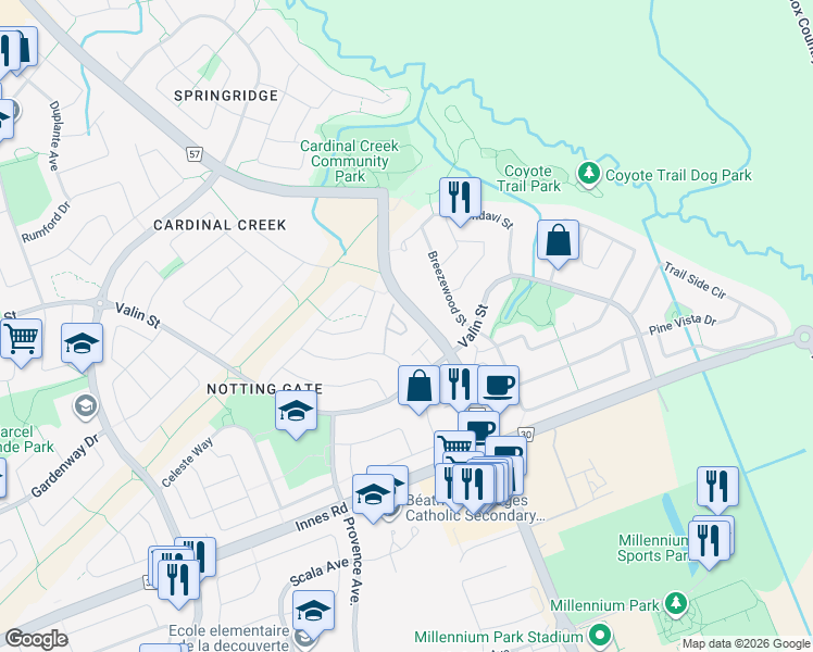 map of restaurants, bars, coffee shops, grocery stores, and more near 147 Destiny Private in Ottawa