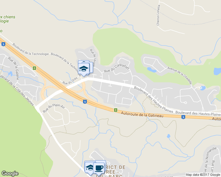 map of restaurants, bars, coffee shops, grocery stores, and more near 667 Boulevard des Hautes-Plaines in Gatineau
