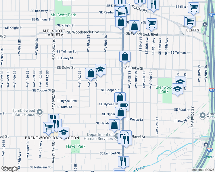 map of restaurants, bars, coffee shops, grocery stores, and more near 6732 Southeast 80th Avenue in Portland
