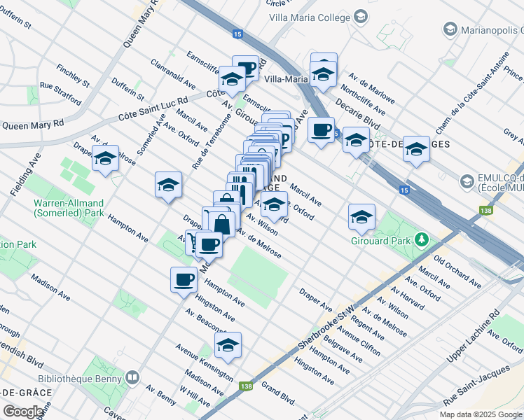 map of restaurants, bars, coffee shops, grocery stores, and more near 4218 Avenue Harvard in Montréal