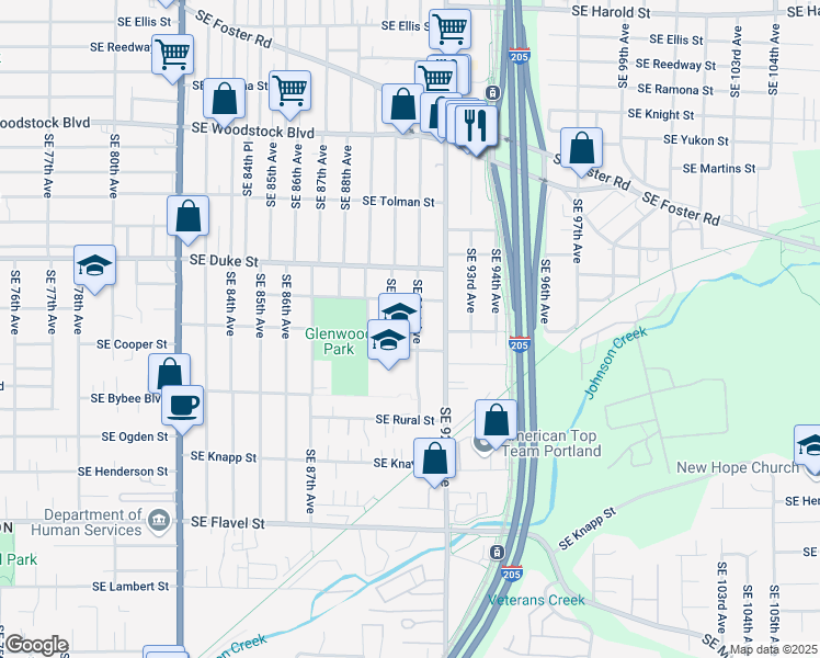 map of restaurants, bars, coffee shops, grocery stores, and more near 6636 Southeast 91st Avenue in Portland