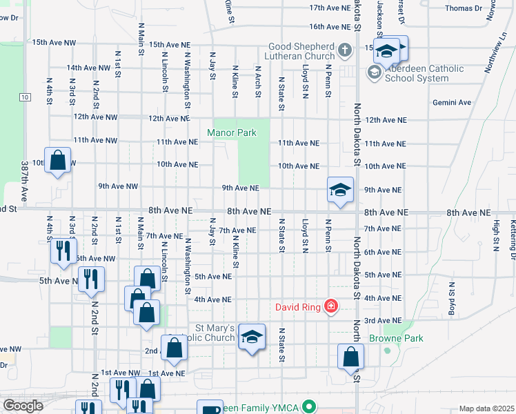 map of restaurants, bars, coffee shops, grocery stores, and more near North Arch Street in Aberdeen