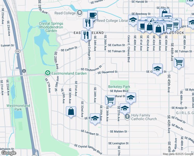 map of restaurants, bars, coffee shops, grocery stores, and more near 6806 Southeast 34th Avenue in Portland