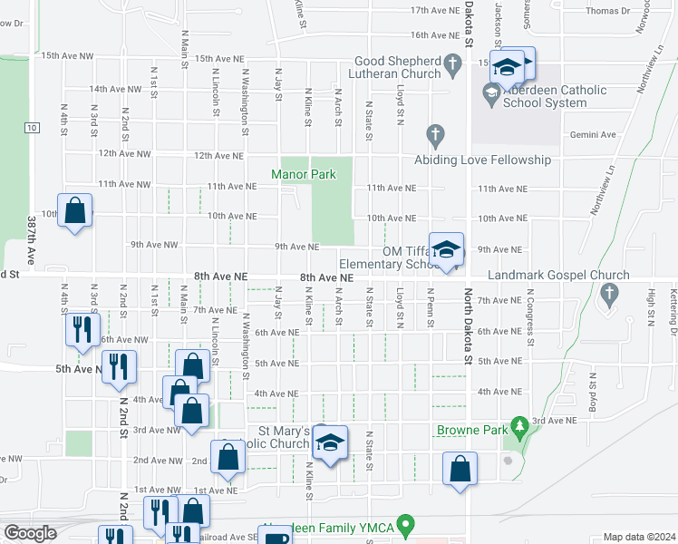 map of restaurants, bars, coffee shops, grocery stores, and more near North Arch Street in Aberdeen