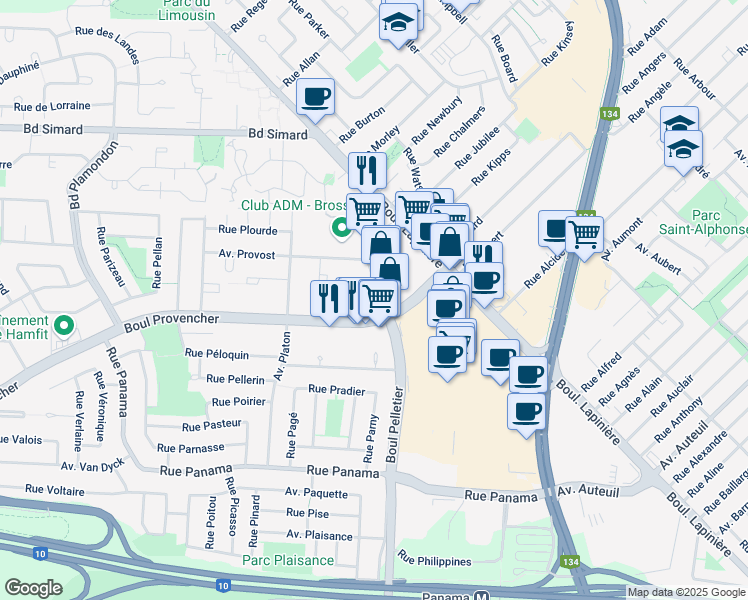 map of restaurants, bars, coffee shops, grocery stores, and more near 4 Rue de la Place-du-Commerce in Brossard