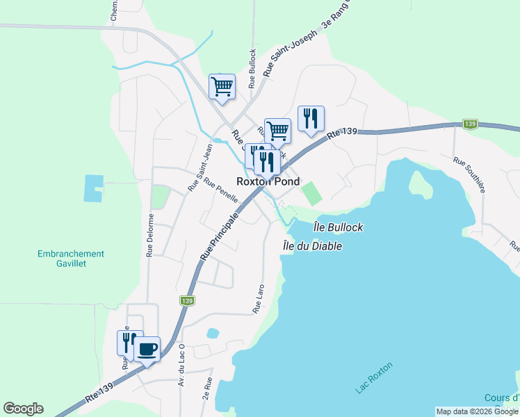 map of restaurants, bars, coffee shops, grocery stores, and more near Rue de Québec in Roxton Pond