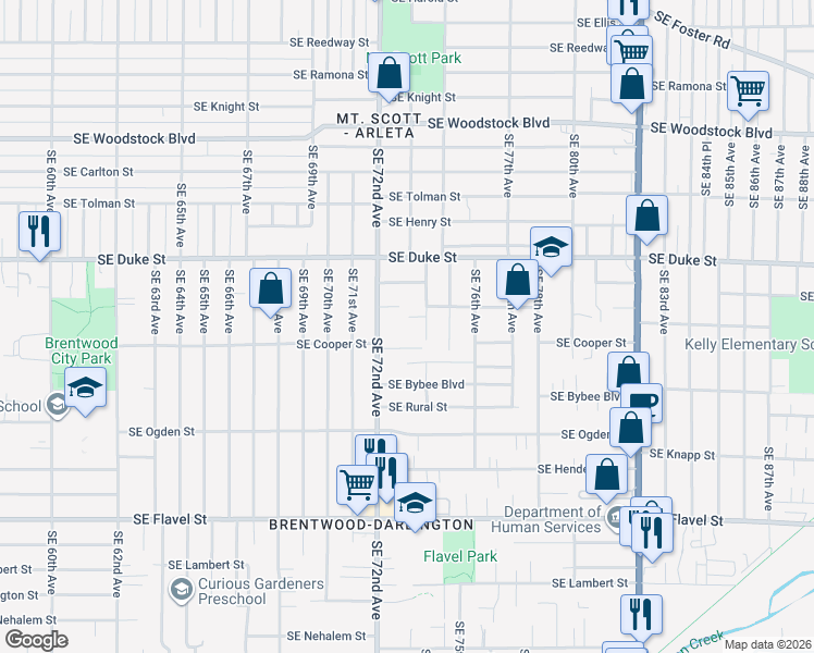 map of restaurants, bars, coffee shops, grocery stores, and more near 6724 Southeast 72nd Avenue in Portland