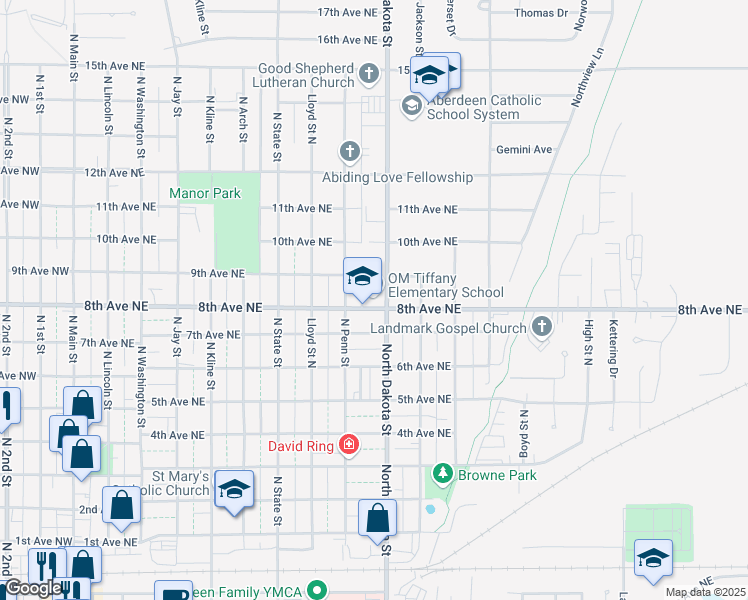map of restaurants, bars, coffee shops, grocery stores, and more near 819 8th Avenue Northeast in Aberdeen