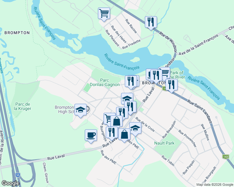 map of restaurants, bars, coffee shops, grocery stores, and more near 128 Rue Saint-Jean-Baptiste in Sherbrooke