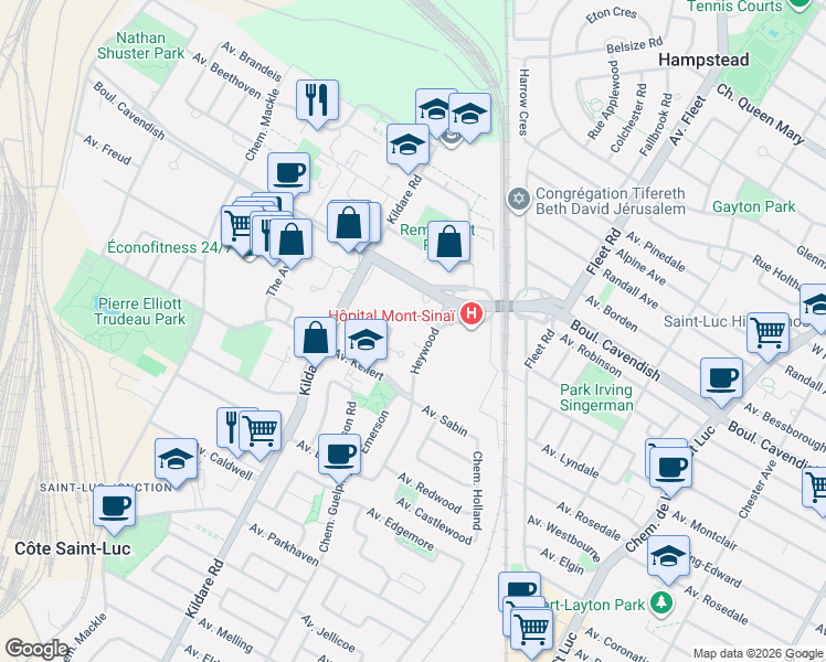 map of restaurants, bars, coffee shops, grocery stores, and more near 6803 Chemin Heywood in Côte Saint-Luc