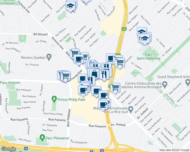 map of restaurants, bars, coffee shops, grocery stores, and more near 2210 Boulevard Lapinière in Brossard