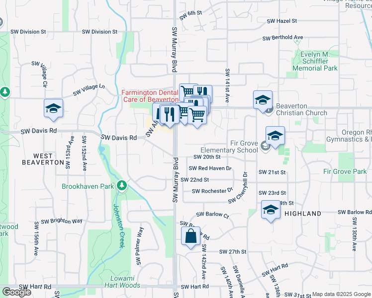 map of restaurants, bars, coffee shops, grocery stores, and more near 14350 Southwest Daphne Street in Beaverton
