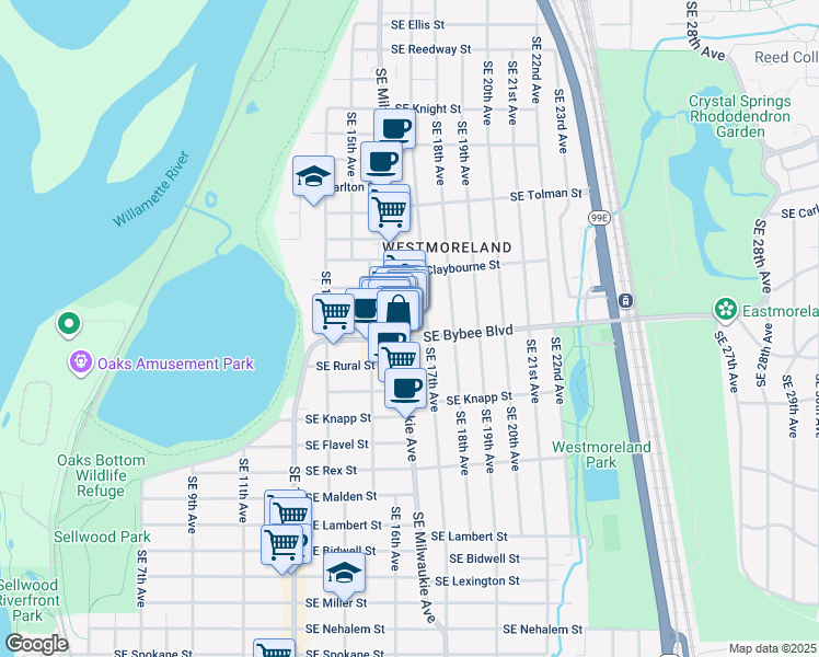 map of restaurants, bars, coffee shops, grocery stores, and more near 6805 Southeast Milwaukie Avenue in Portland