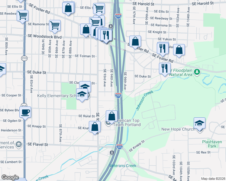 map of restaurants, bars, coffee shops, grocery stores, and more near 9421 Southeast Glenwood Street in Portland