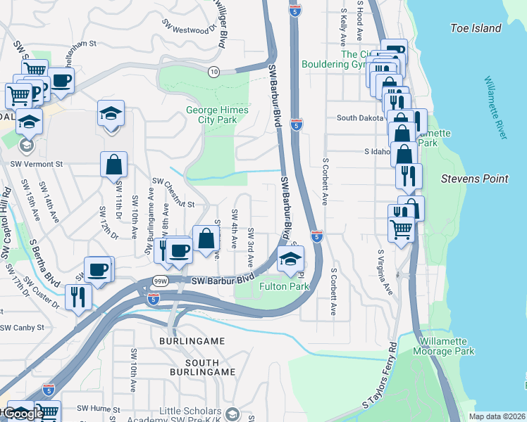 map of restaurants, bars, coffee shops, grocery stores, and more near 221 Southwest Texas Street in Portland