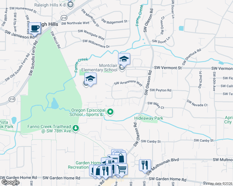 map of restaurants, bars, coffee shops, grocery stores, and more near 7360 Southwest Chapel Court in Portland