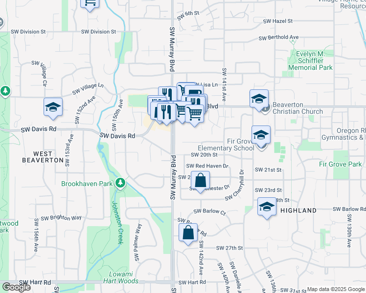 map of restaurants, bars, coffee shops, grocery stores, and more near 14350 Southwest Daphne Street in Beaverton