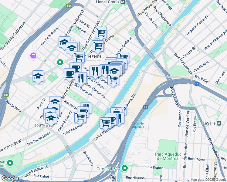 map of restaurants, bars, coffee shops, grocery stores, and more near 4150 Saint Ambroise Street in Montreal
