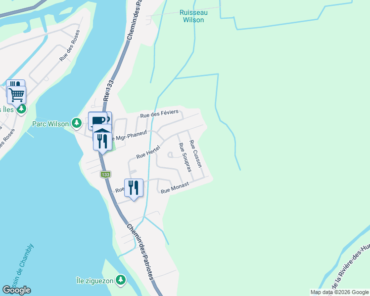 map of restaurants, bars, coffee shops, grocery stores, and more near 75 Rue Soupras in Montérégie