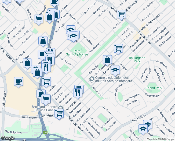 map of restaurants, bars, coffee shops, grocery stores, and more near 5850 Rue Alain in Brossard