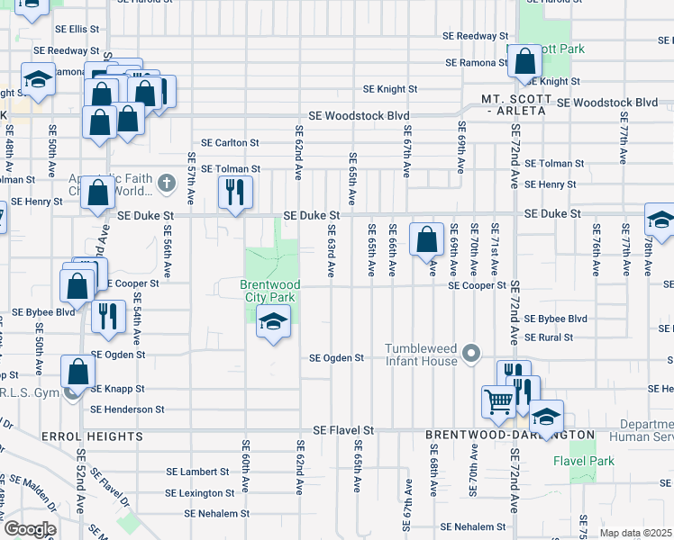 map of restaurants, bars, coffee shops, grocery stores, and more near 6710 Southeast 63rd Avenue in Portland