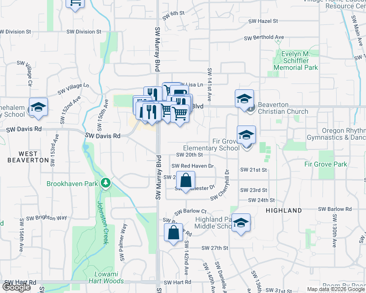 map of restaurants, bars, coffee shops, grocery stores, and more near 14350 Southwest Daphne Street in Beaverton