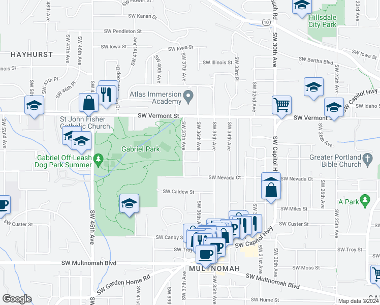 map of restaurants, bars, coffee shops, grocery stores, and more near 3632 Southwest Texas Street in Portland
