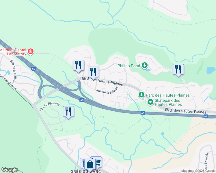 map of restaurants, bars, coffee shops, grocery stores, and more near 647 Boulevard des Hautes-Plaines in Gatineau
