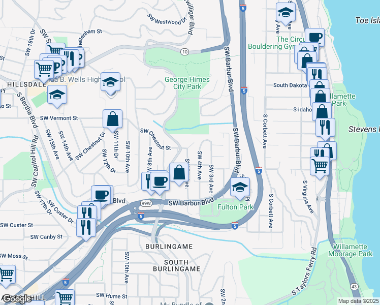 map of restaurants, bars, coffee shops, grocery stores, and more near 6912 Southwest 5th Avenue in Portland