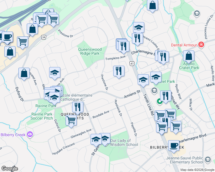 map of restaurants, bars, coffee shops, grocery stores, and more near 1477 Prestone Drive in Ottawa