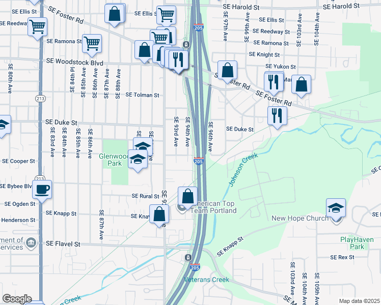 map of restaurants, bars, coffee shops, grocery stores, and more near 9421 Southeast Glenwood Street in Portland