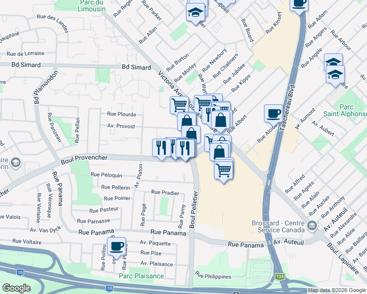 map of restaurants, bars, coffee shops, grocery stores, and more near 2 Rue de la Place-du-Commerce in Brossard