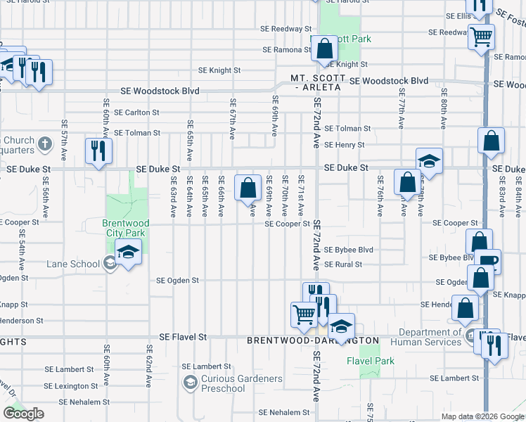 map of restaurants, bars, coffee shops, grocery stores, and more near 6703 Southeast 69th Avenue in Portland