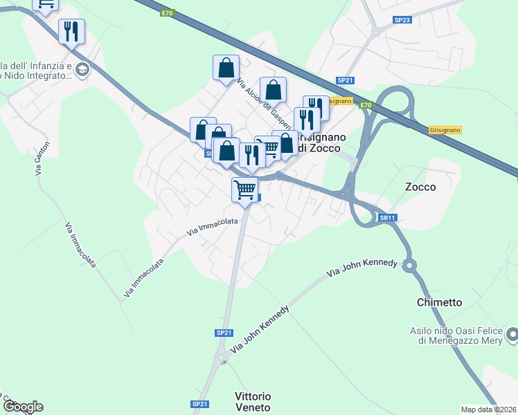 map of restaurants, bars, coffee shops, grocery stores, and more near 17 Via Gioacchino Rossini in Grisignano di Zocco